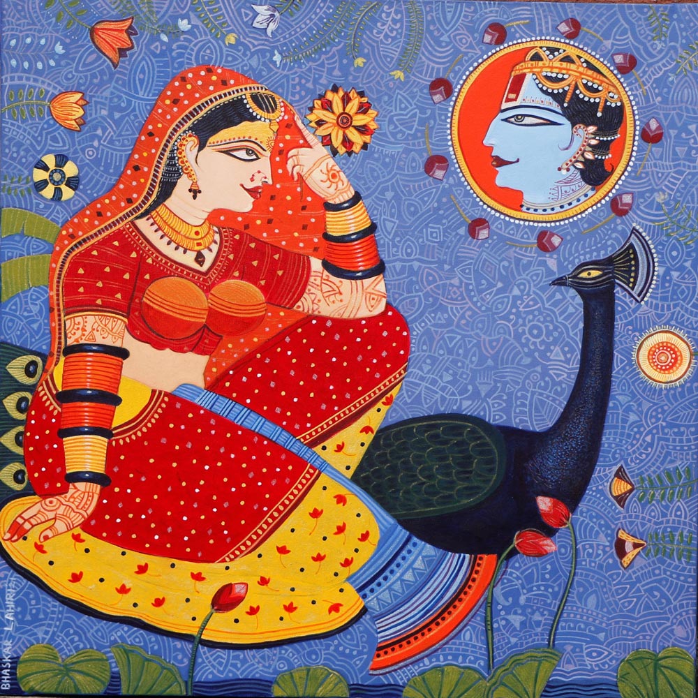 Figurative Painting with Acrylic on Canvas "Radha" art by Bhaskar Lahiri