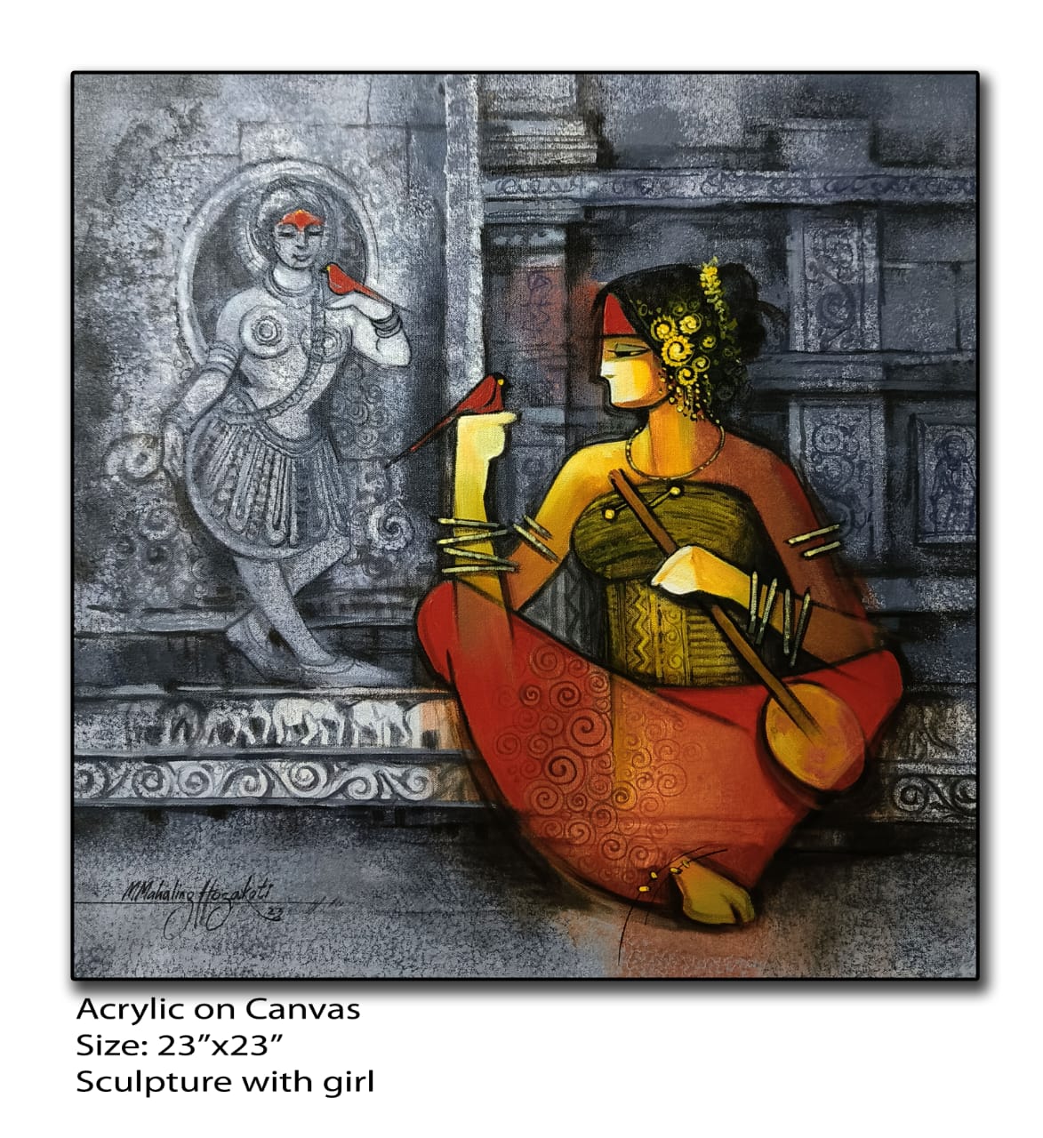 Figurative Painting with Acrylic on Canvas "Girl with Sculpture-2" art by Mahaling R Hosakoti