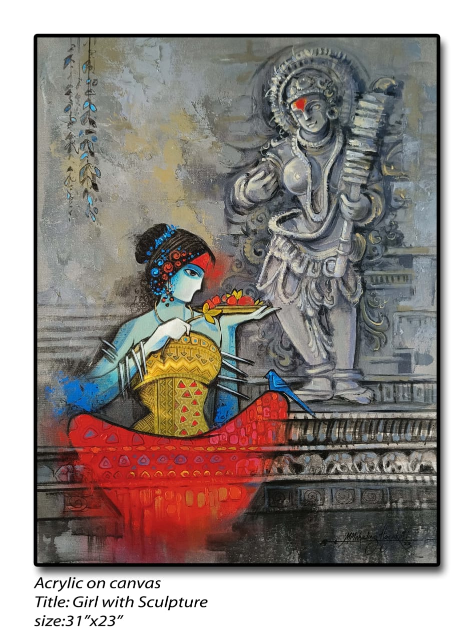 Figurative Painting with Acrylic on Canvas "Girl with Sculpture-1" art by Mahaling R Hosakoti