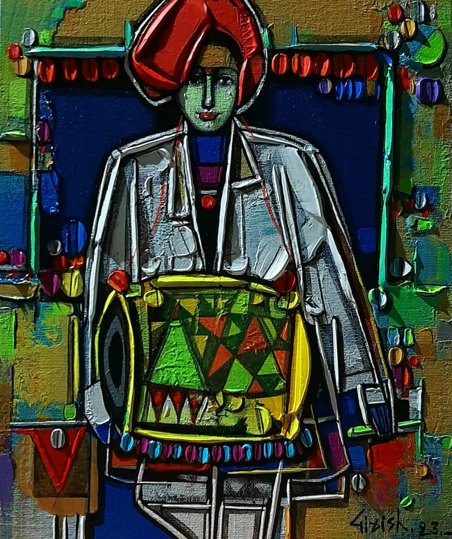 Figurative Painting with Acrylic on Canvas Board "Drummer-3" art by Girish Adannavar 