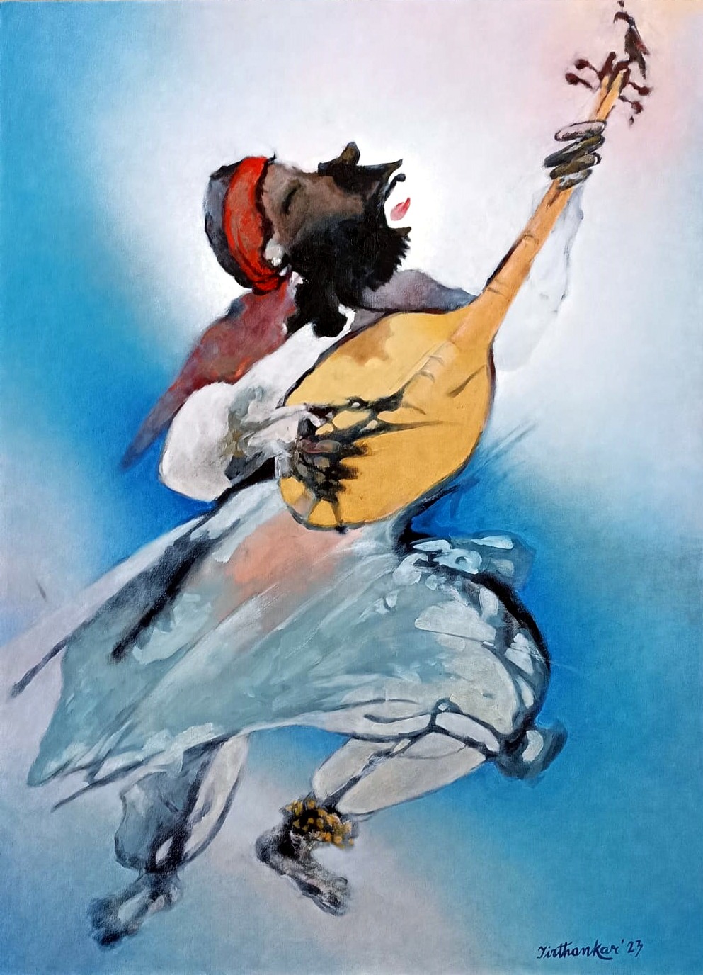 Figurative Painting with Oil on Canvas "Folk Singer" art by Tirthankar Biswas