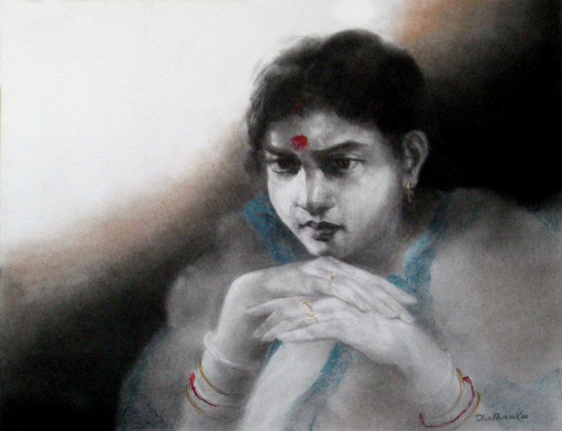 Portraiture Drawing with Soot and Conte on Paper "Waiting-1" art by Tirthankar Biswas
