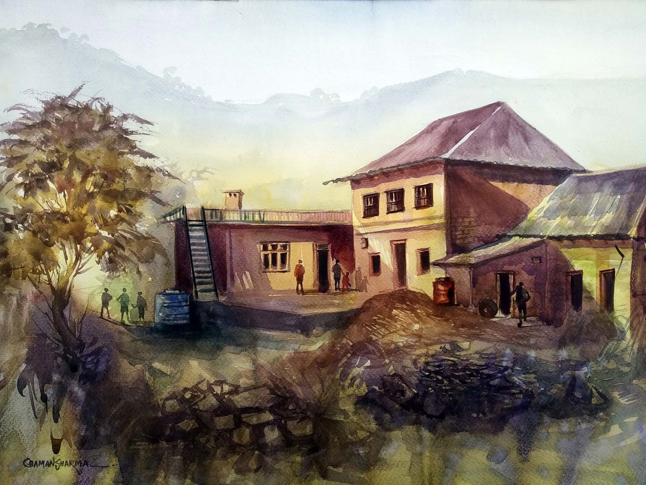 Semi Realistic Painting with Watercolor on Paper "Golden House" art by Chaman Sharma