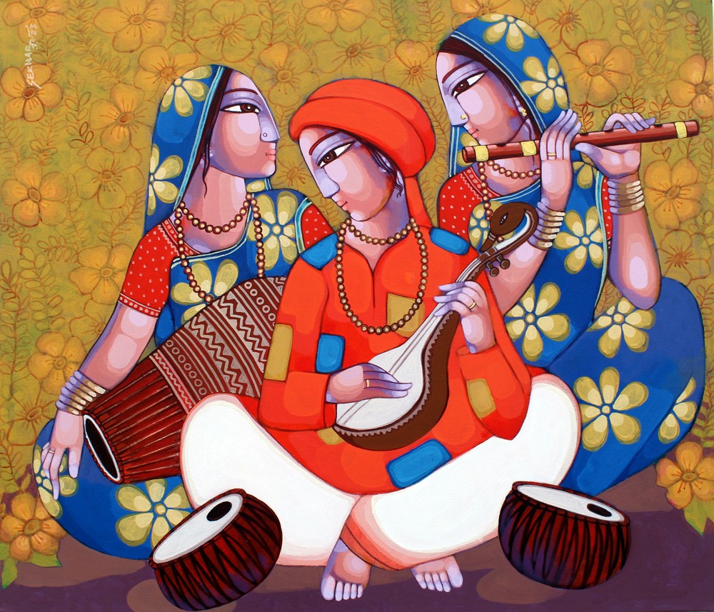 Figurative Painting with Acrylic on Canvas "Bengali Tune 2023" art by Sekhar Roy