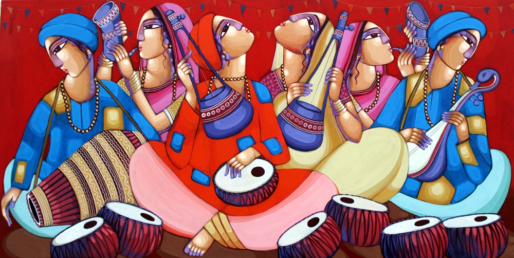 Figurative Painting with Acrylic on Canvas "Bengali Tune" art by Sekhar Roy
