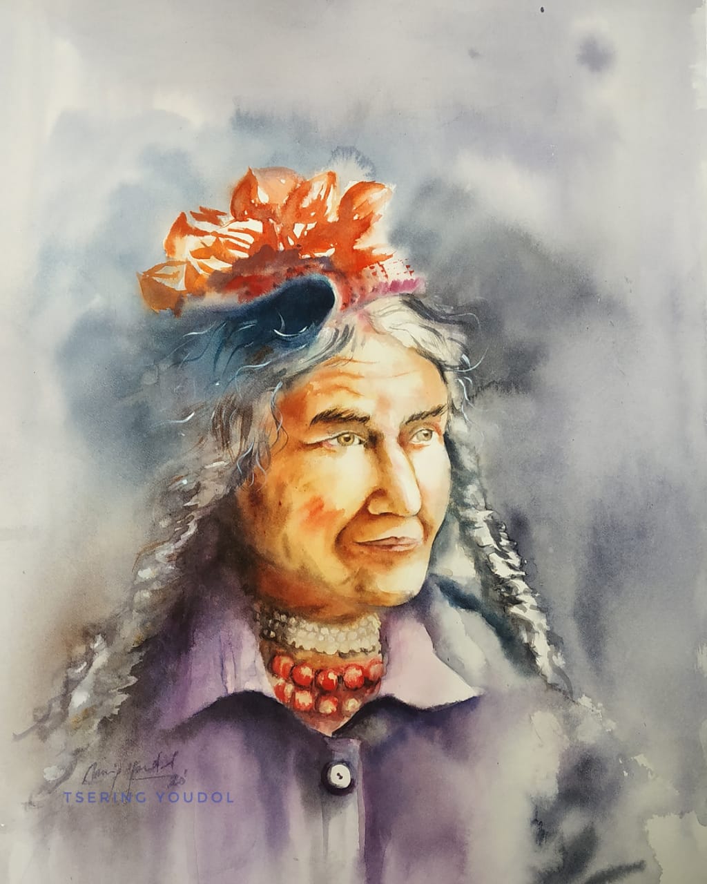 Figurative Painting with Watercolor on Paper "Brokpa Woman" art by Tsering Youdol