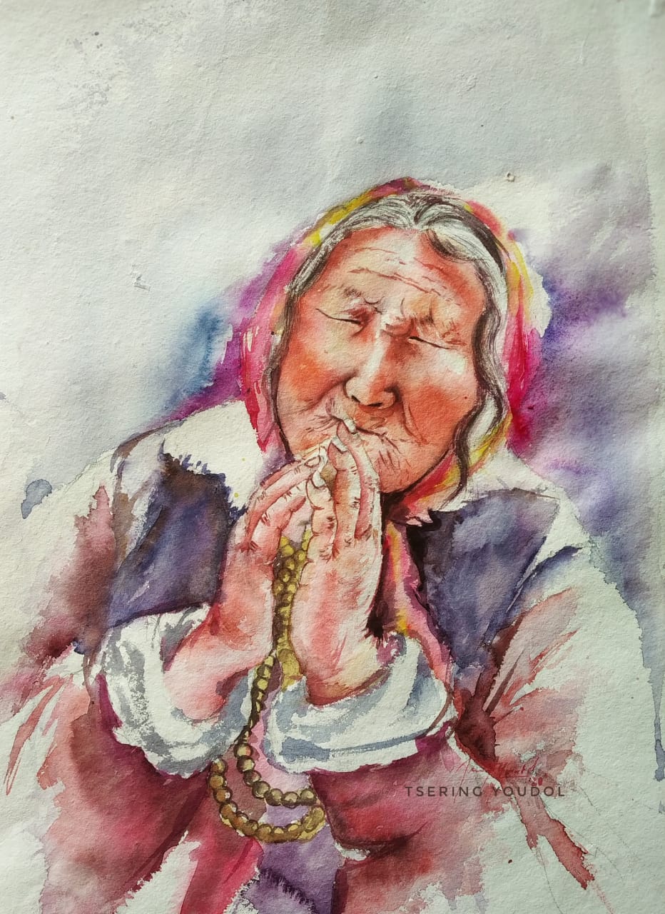 Figurative Painting with Watercolor on Paper "Faith-3" art by Tsering Youdol