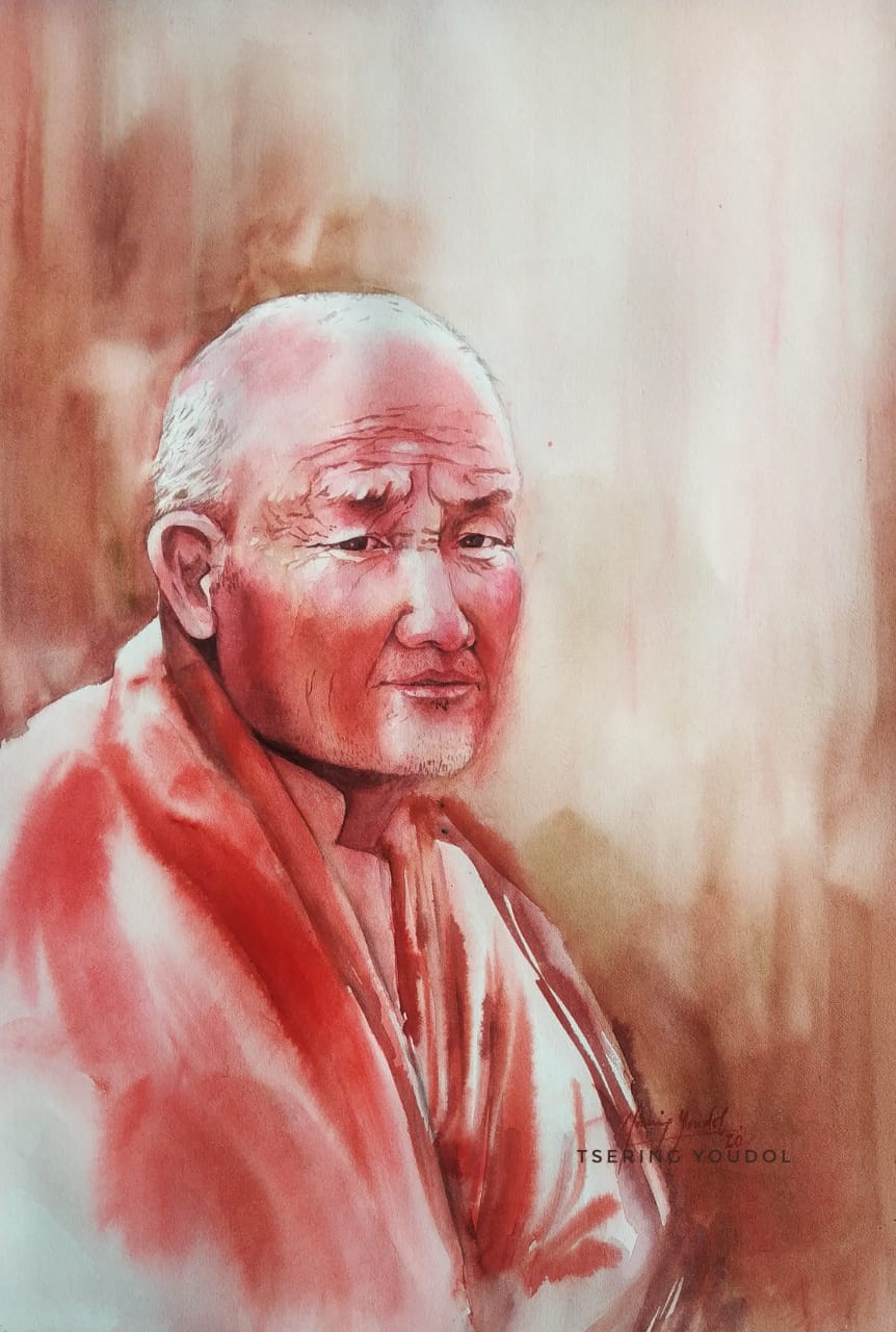 Figurative Painting with Watercolor on Paper "The Monk-2" art by Tsering Youdol