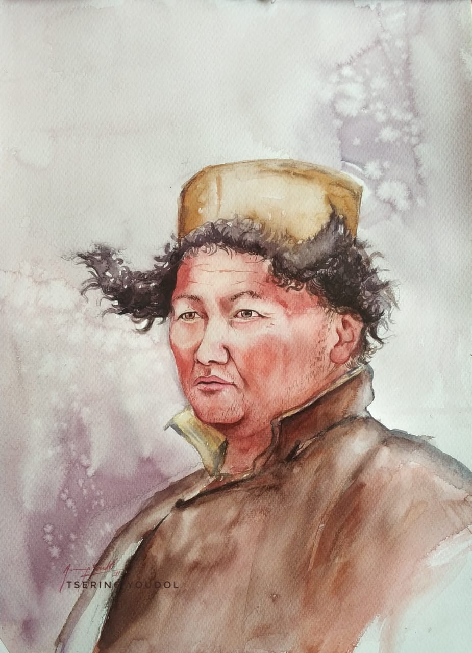 Portraiture Painting with Watercolor on Paper "Man from Eastern Ladakh" art by Tsering Youdol