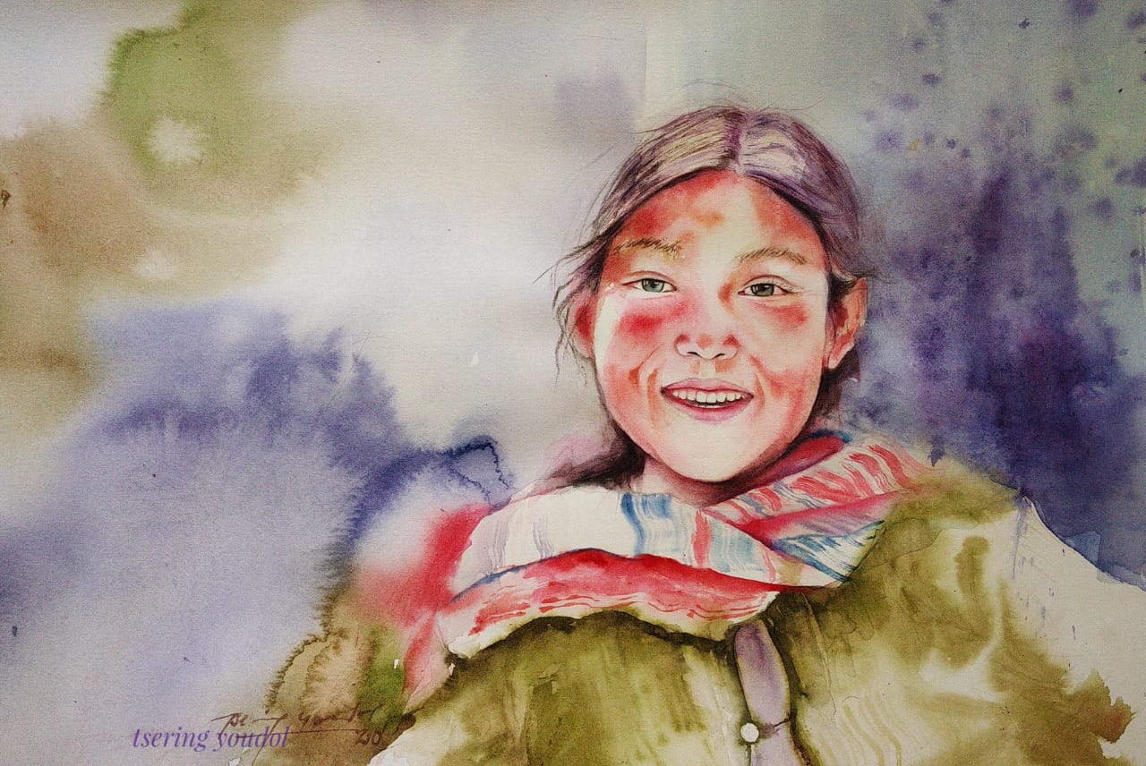 Figurative Painting with Watercolor on Paper "Village Girl" art by Tsering Youdol