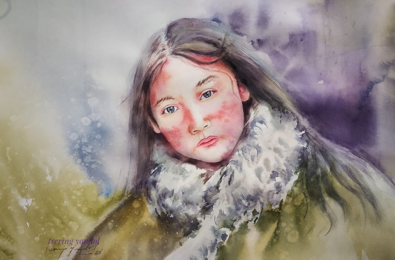 Figurative Painting with Acrylic on Canvas "Nomad Girl" art by Tsering Youdol