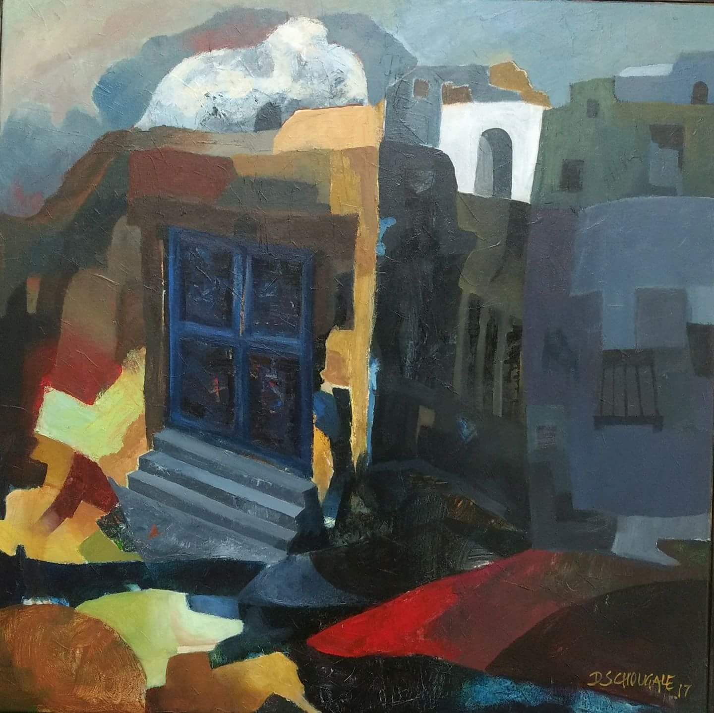 Abstract Painting with Oil on Canvas "Village" art by Dr D S Chougale