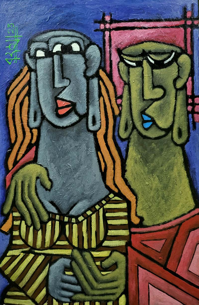 Figurative Painting with Acrylic on Canvas Board "External Things" art by Kuldeep Verma