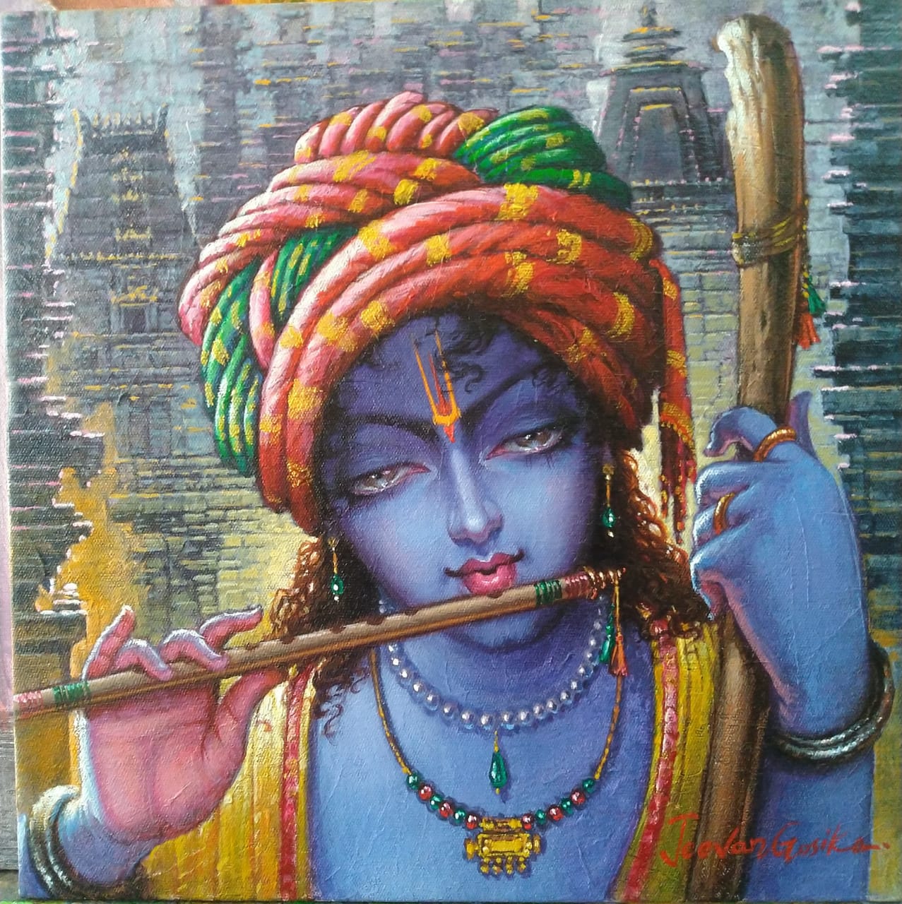 Figurative Painting with Acrylic on Canvas "Krishna-3" art by Jeevan Gosika