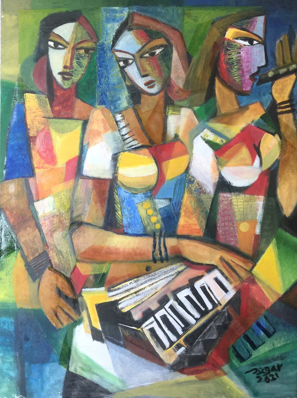 Figurative Painting with Oil on Canvas "Musicians" art by Raja Segar
