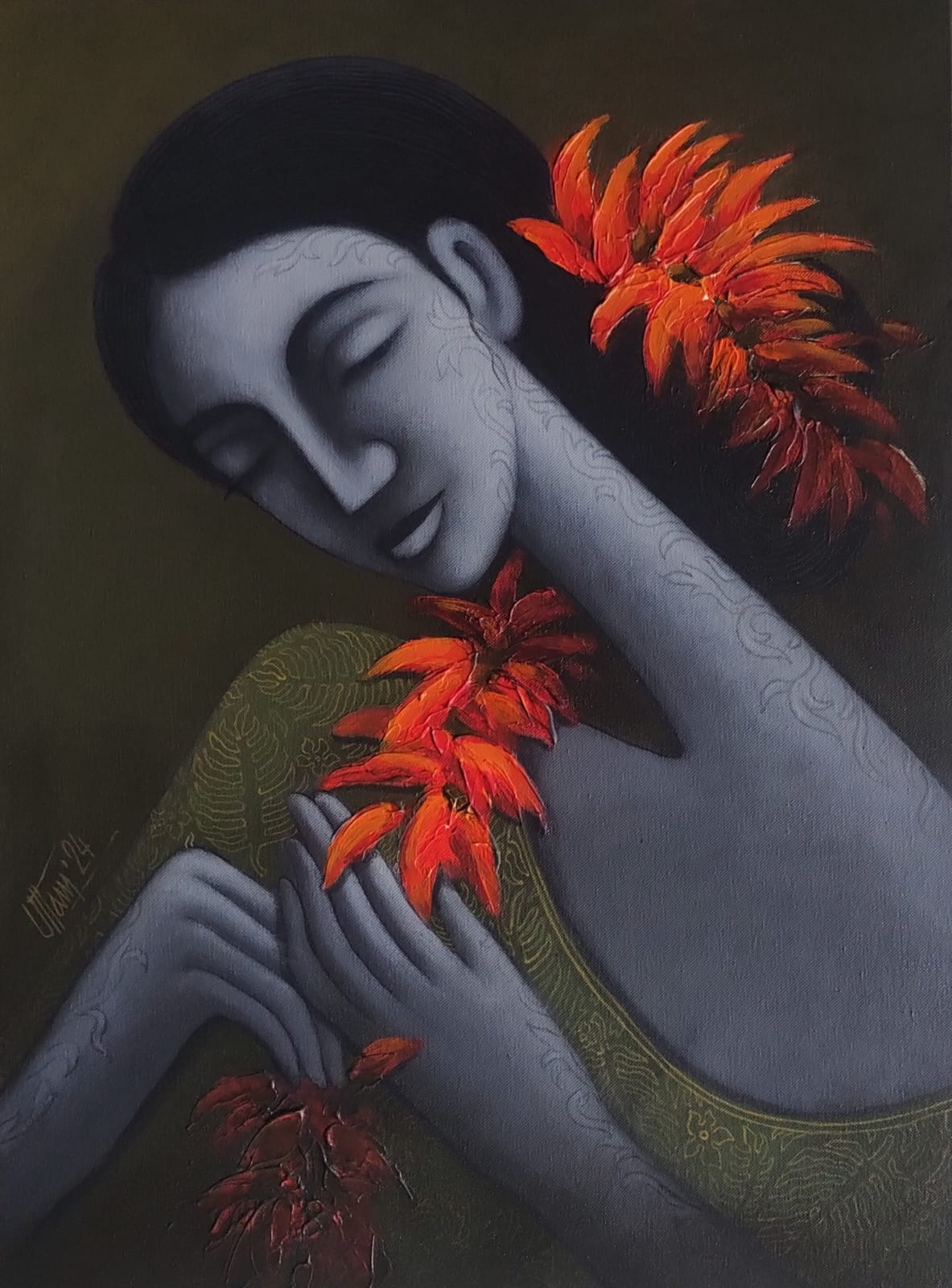 Figurative Painting with Acrylic on Canvas "Dream Colour" art by Uttam Bhattacharya