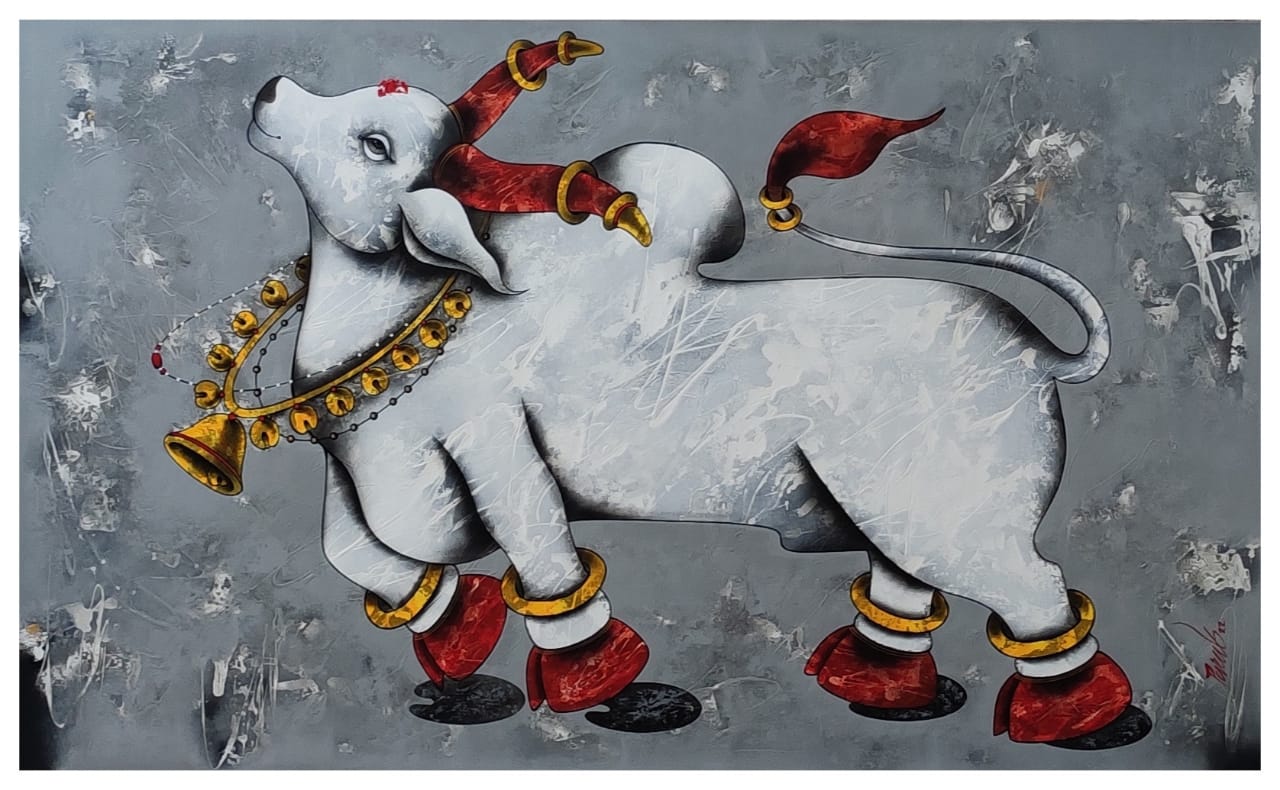 Figurative Painting with Acrylic on Canvas "Nandi Bull-2" art by Paras Parmar
