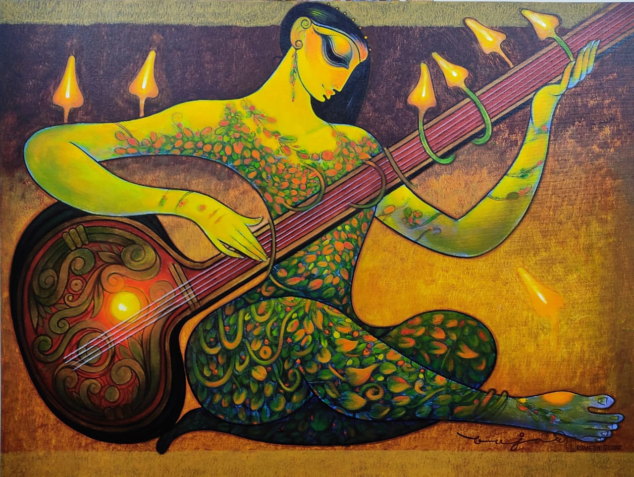 Figurative Painting with Acrylic on Canvas "Sitar (1989)" art by Ramesh P Gujar