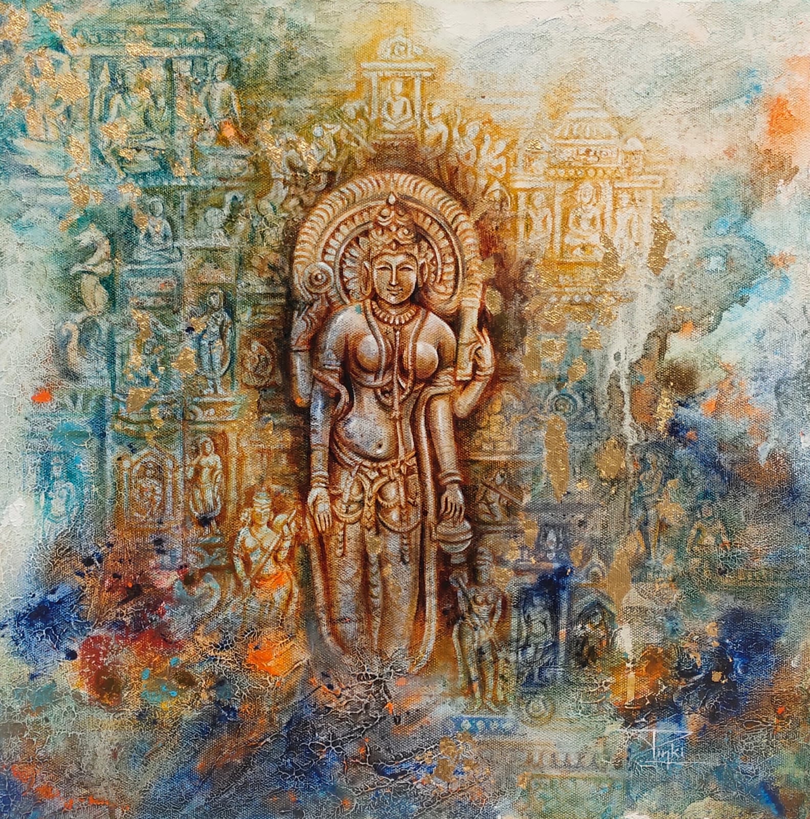 Figurative Painting with Acrylic on Canvas "Swarnim Bharat 3" art by Pinki Saini