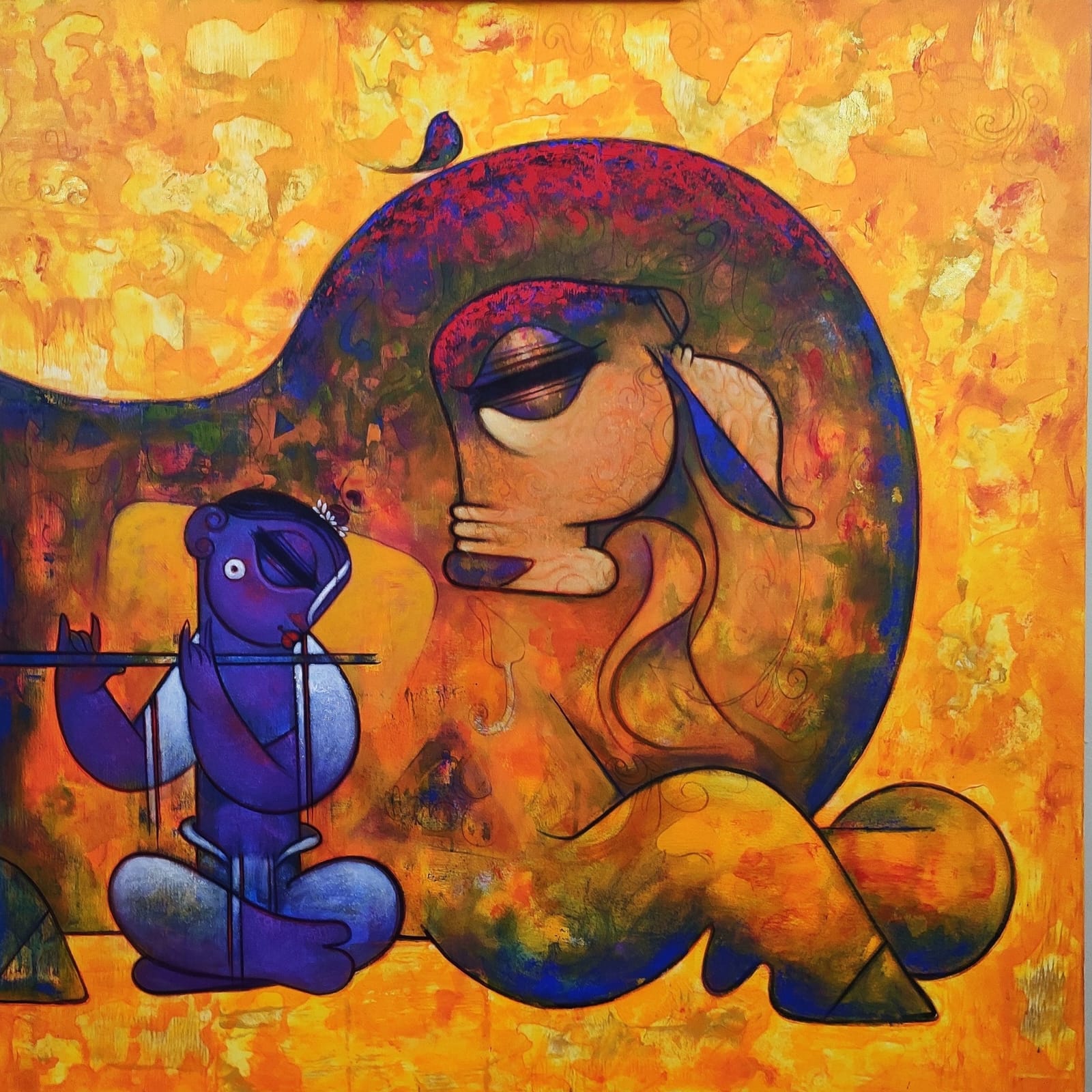 Figurative Painting with Acrylic on Canvas "Krishna with cow (745)" art by Ramesh P Gujar