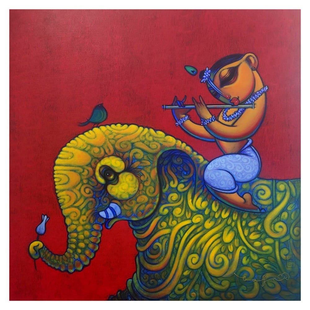 Figurative Painting with Acrylic on Canvas "Krishna with Elephant" art by Ramesh P Gujar