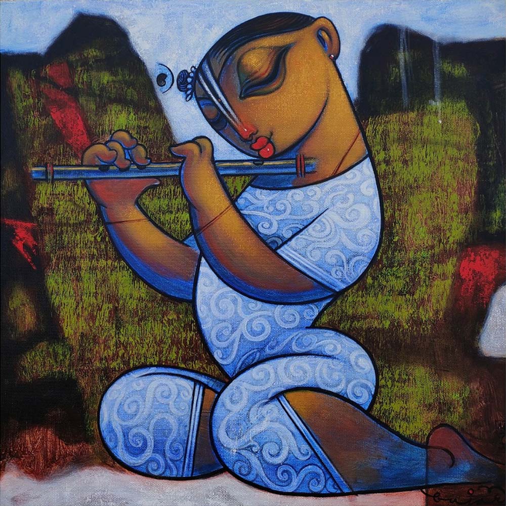 Figurative Painting with Acrylic on Canvas "Krishna with Flute" art by Ramesh P Gujar