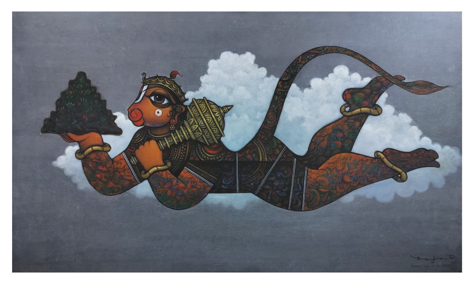 Figurative Painting with Acrylic on Canvas "Hanuman" art by Ramesh P Gujar