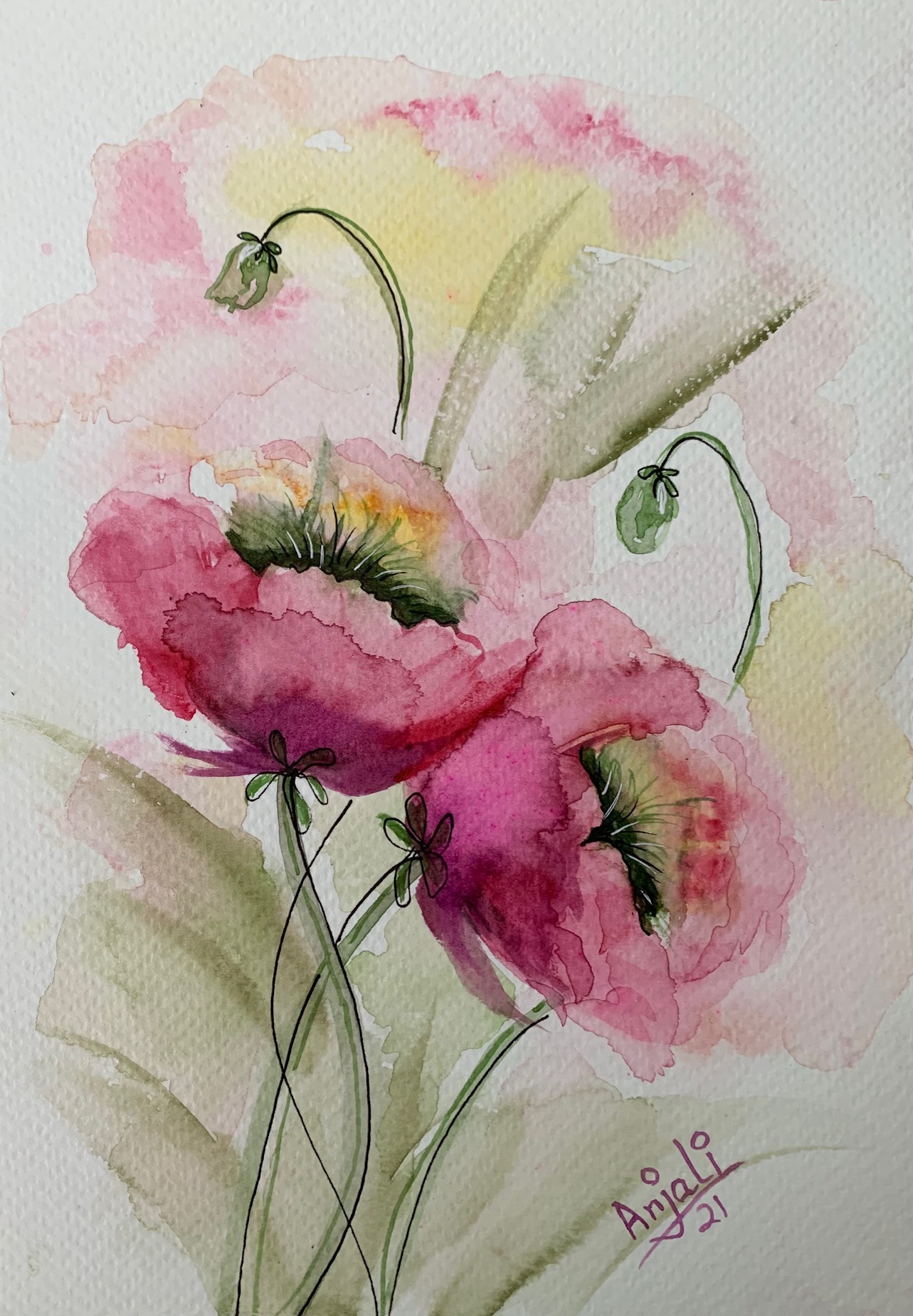Contemporary Painting with Watercolor on Paper "Peonies" art by Anjali Mittal