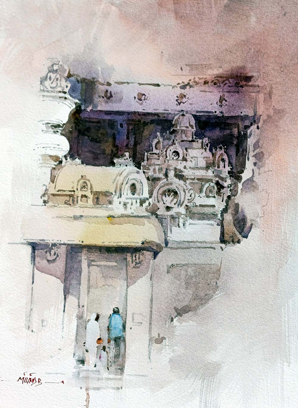 Figurative Painting with Watercolor on Paper "Jain Caves" art by Milind Bhanji