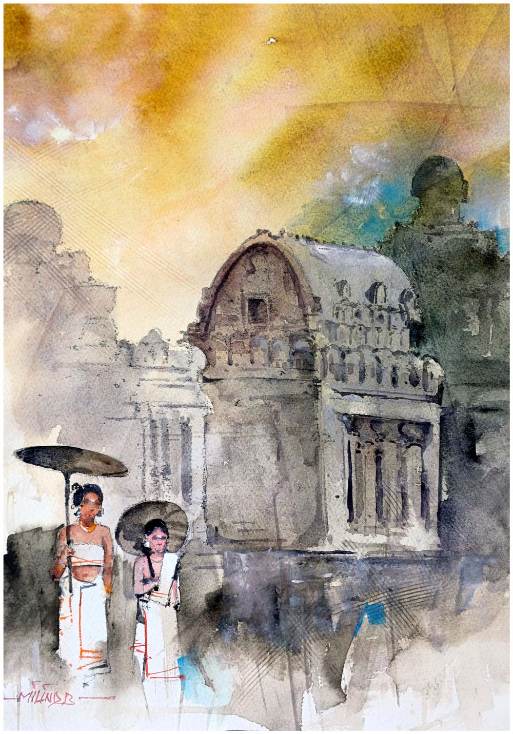 Figurative Painting with Watercolor on Paper "Mahabalipuram" art by Milind Bhanji