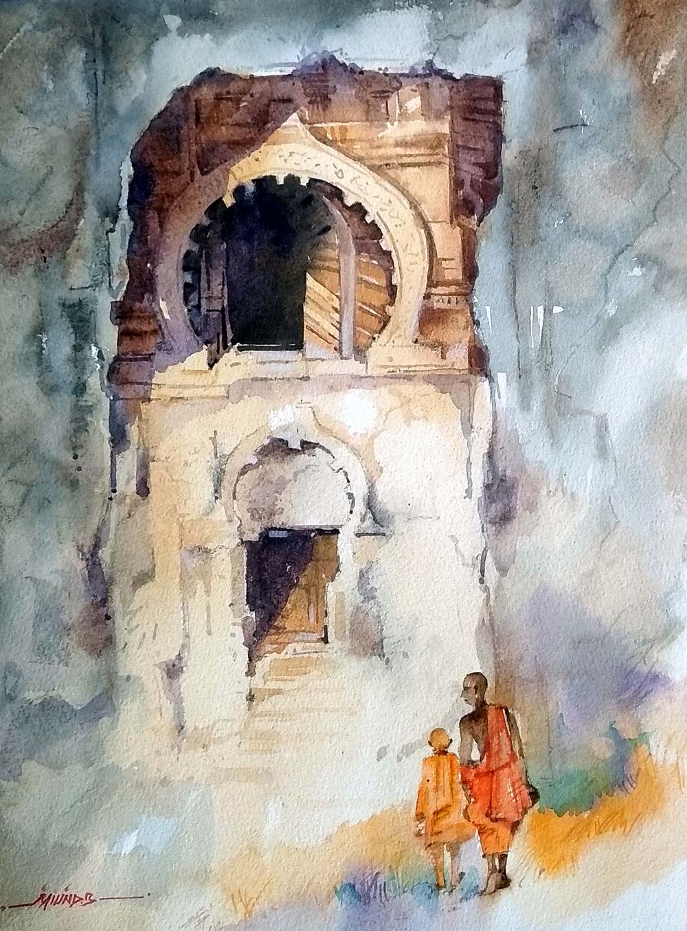 Figurative Painting with Watercolor on Paper "Buddhas Way (Suleman Caves)" art by Milind Bhanji