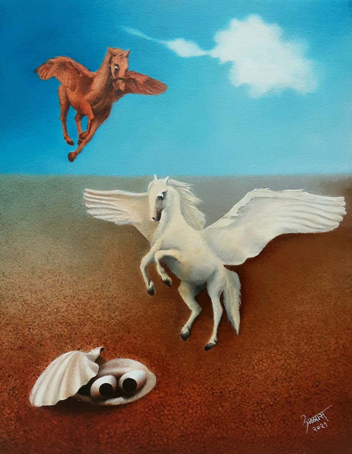 Contemporary Painting with Oil on Canvas "Angel Horse" art by Abbas Batliwala