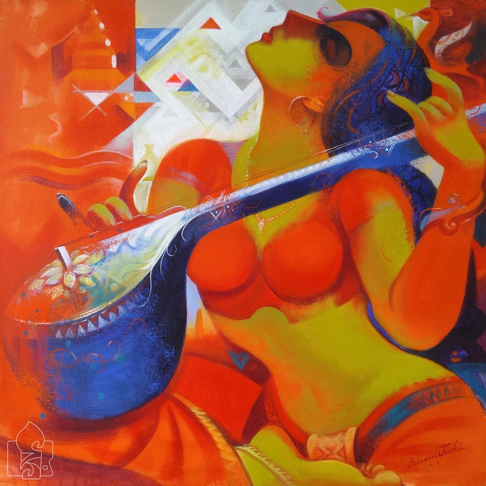Figurative Painting with Acrylic on Canvas "Lady Musician-1" art by Subaassh Joshii