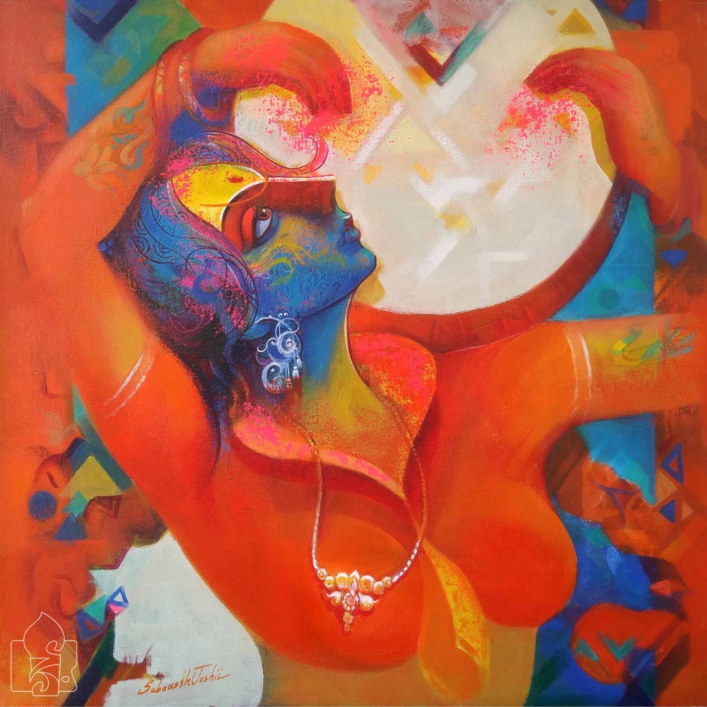 Figurative Painting with Acrylic on Canvas "Lady Musician-3" art by Subaassh Joshii