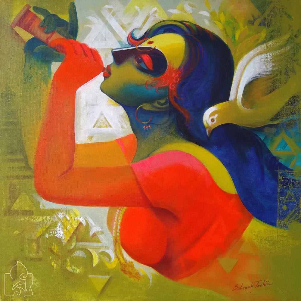 Figurative Painting with Acrylic on Canvas "Lady Musician-4" art by Subaassh Joshii
