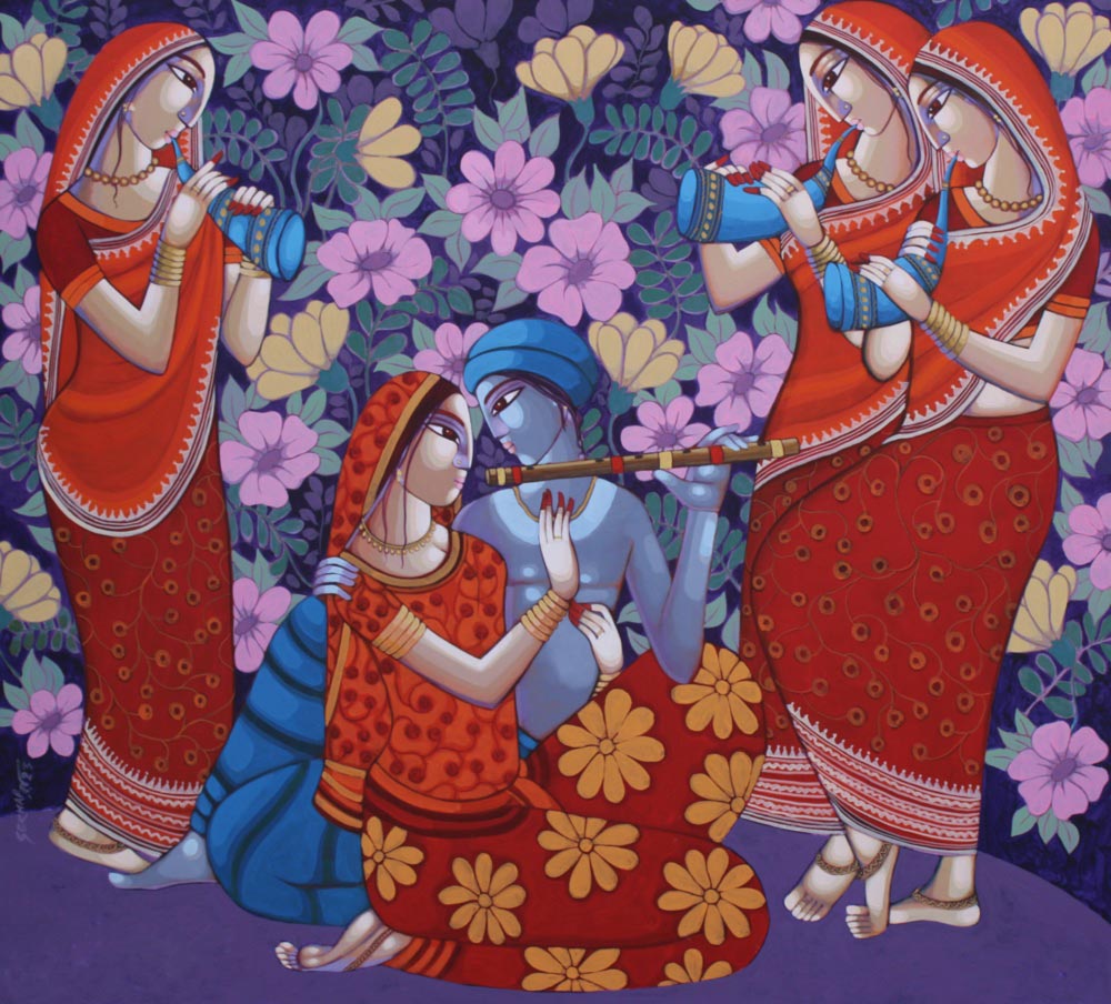 Figurative Painting with Acrylic on Canvas "Krishna Leela" art by Sekhar Roy