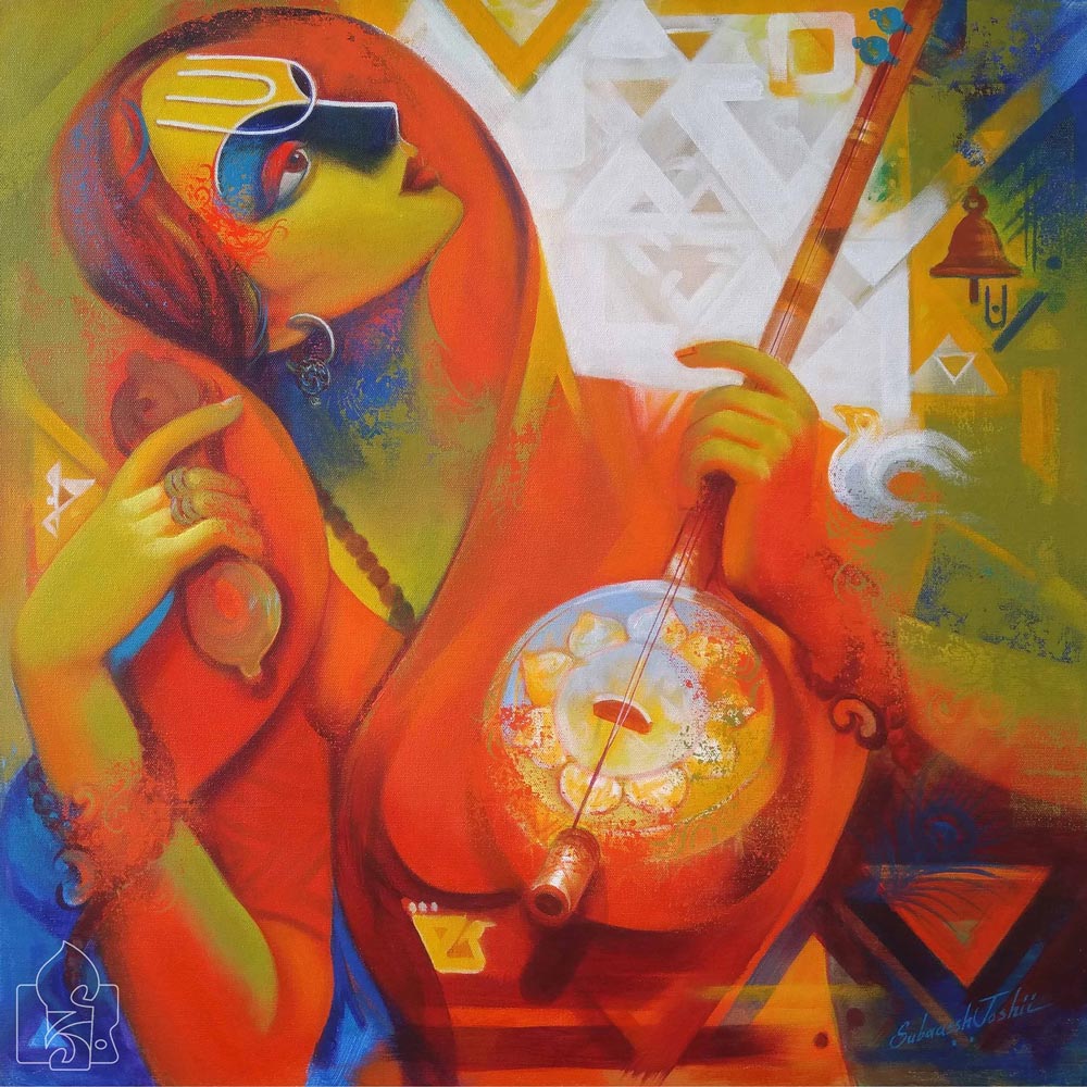 Figurative Painting with Acrylic on Canvas "Lady Musician-5" art by Subaassh Joshii