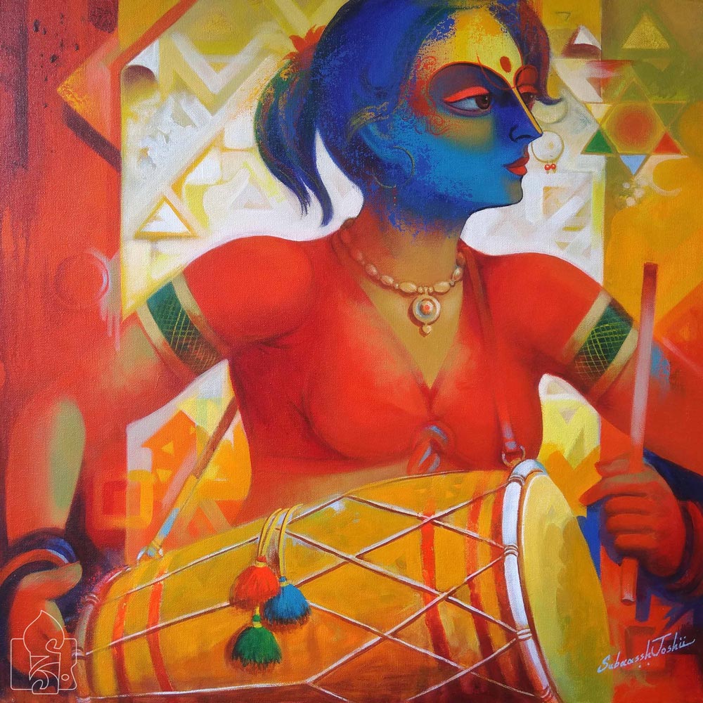 Contemporary Painting with Acrylic on Canvas "Lady Musician-6" art by Subaassh Joshii