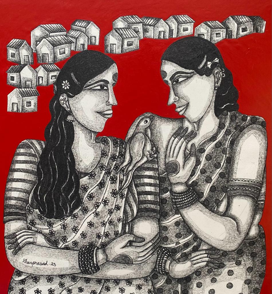 Figurative Drawing with Mixed Media on Canvas "Untitled-4" art by Dhan Prasad