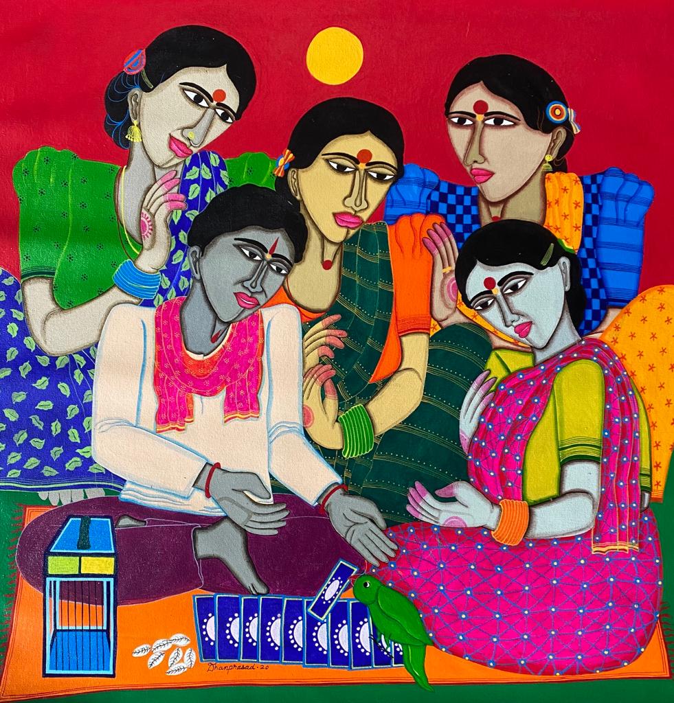 Figurative Painting with Acrylic on Canvas "Fortune Teller (2145)" art by Dhan Prasad