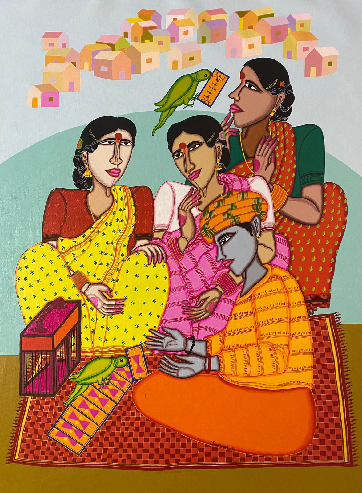 Figurative Painting with Acrylic on Canvas "Fortune Teller (2146)" art by Dhan Prasad