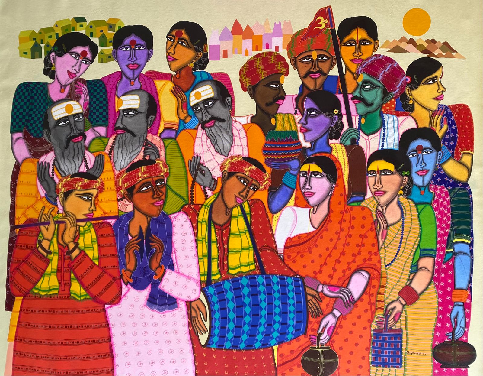 Figurative Painting with Acrylic on Canvas "At Pilgrims (782)" art by Dhan Prasad