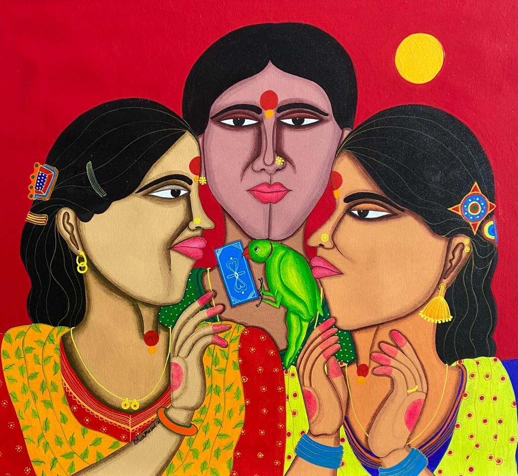 Figurative Painting with Acrylic on Canvas "Sisters" art by Dhan Prasad