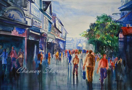 the-mall-shimla-Watercolor-painting-on-paper-chaman-sharma-IG762