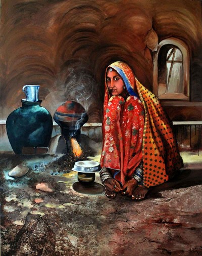 Village-Life-Painting-for-Sale-Acrylic-on-Canvas-Ganga-Maharana-IG468-IndiGalleria