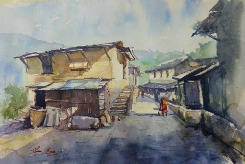 Lamjung-village-Nepal-watercolor-painting-on-paper-puranthapa-IG317