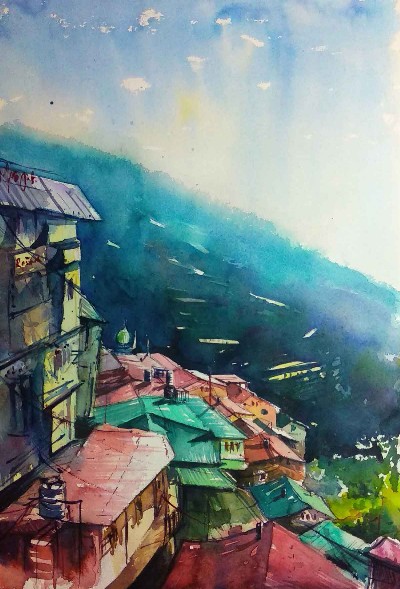 lower-bazar-shimla-watercolor-painting-on-paper-puran-thapa-IG318