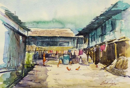 Village-Naggar-watercolor-painting-on-paper-puran-thapa-IG319