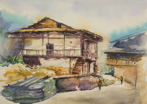 village-in-kullu-watercolor-painting-on-paper-puran-thapa-IG321