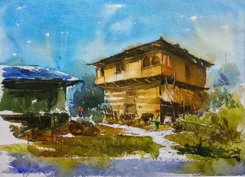 traditional-himachali-house-watercolor-painting-on-paper-puran-thapa-IG731